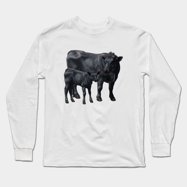 Black Angus Cow and Cute Calf Long Sleeve T-Shirt by csforest